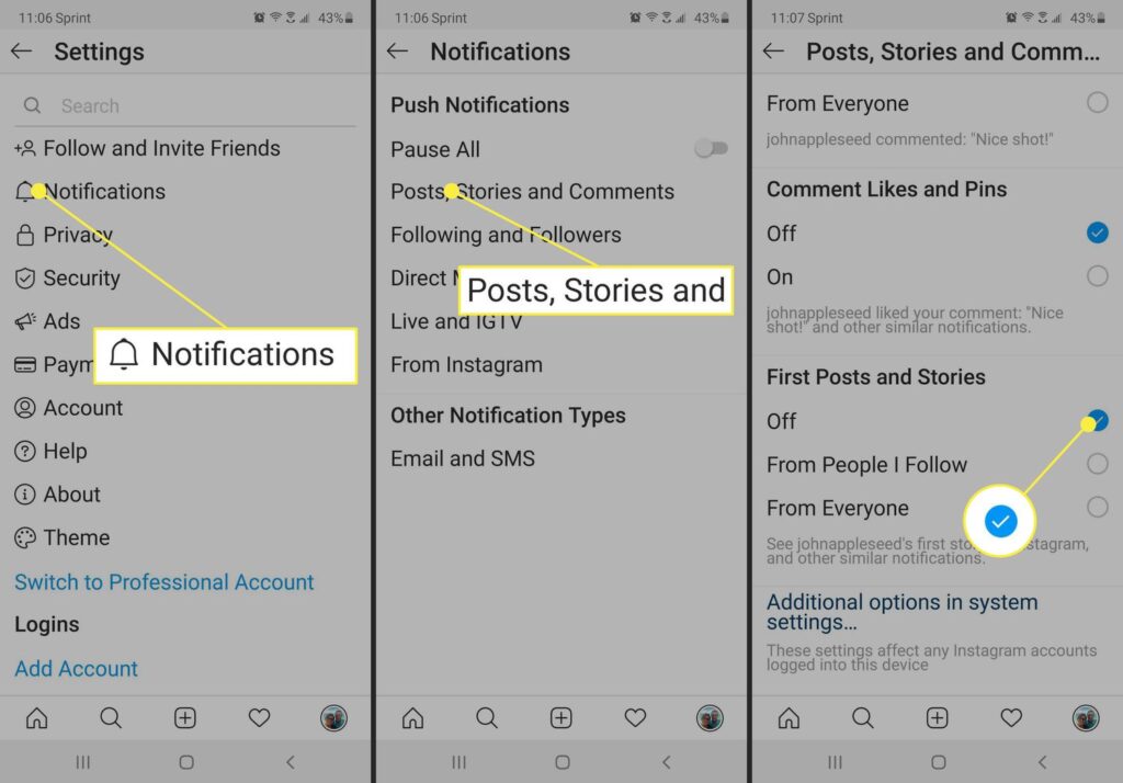 Turn Off/On Instagram Push Notifications